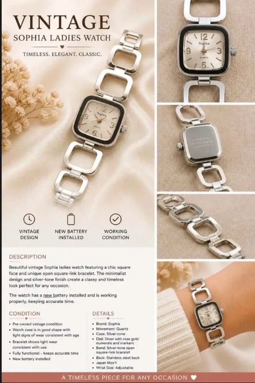Sophie Vintage Ladies Quartz Watch with Silver-Tone Square-Link Bracelet